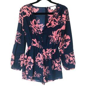 EVERLY Dressy Floral Romper Women's‎ S V-Neck Zip Lined Hi Rise Navy Rose Flirty